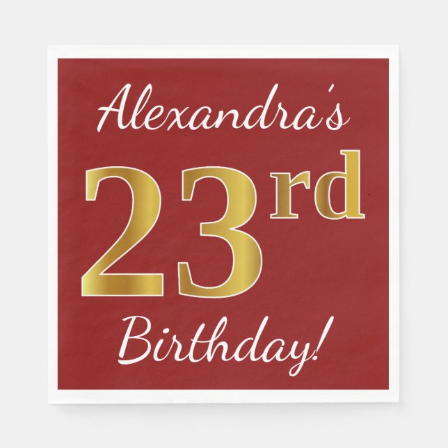 Red, Faux Gold 23rd Birthday + Custom Name Napkin (Front)