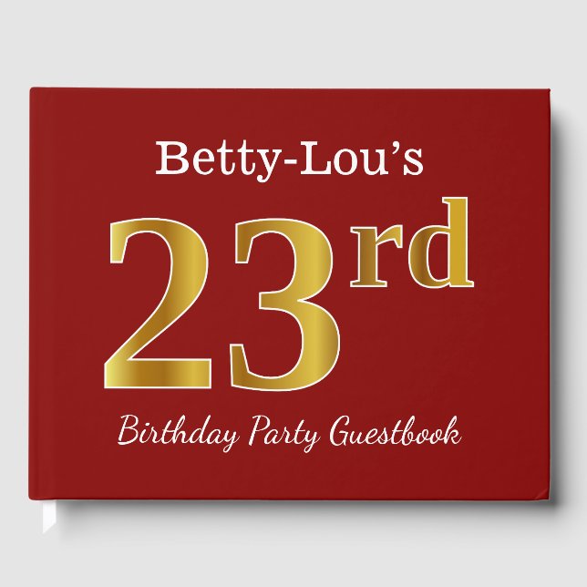 Red, Faux Gold 23rd Birthday Party + Custom Name Guest Book (Front)