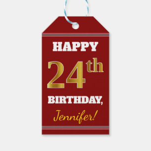 Red, Faux Gold 24th Birthday + Custom Name Gift Tags