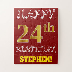 Red, Faux Gold 24th Birthday + Custom Name Puzzle