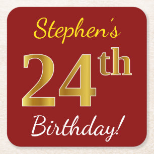 Red, Faux Gold 24th Birthday + Custom Name Square Paper Coaster