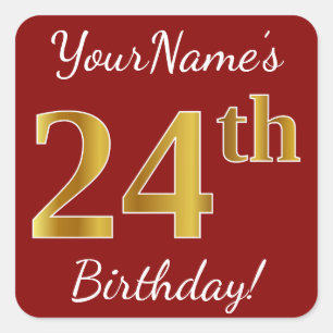 Red, Faux Gold 24th Birthday + Custom Name Sticker