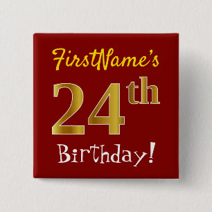 Red, Faux Gold 24th Birthday, With Custom Name 15 Cm Square Badge