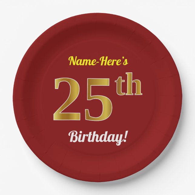 Red, Faux Gold 25th Birthday + Custom Name Paper Plate (Front)