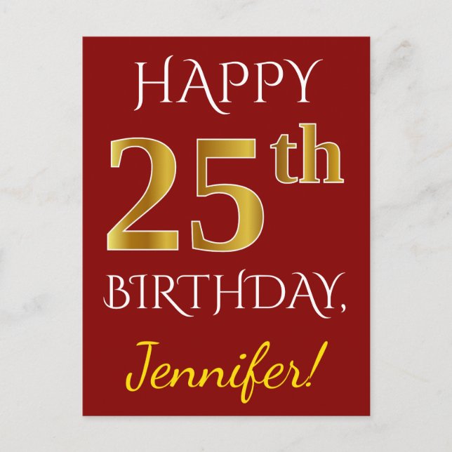 Red, Faux Gold 25th Birthday + Custom Name Postcard (Front)