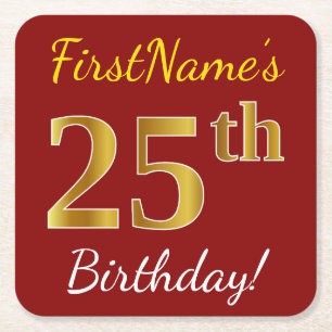 Red, Faux Gold 25th Birthday + Custom Name Square Paper Coaster