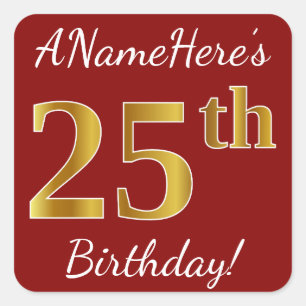 Red, Faux Gold 25th Birthday + Custom Name Sticker