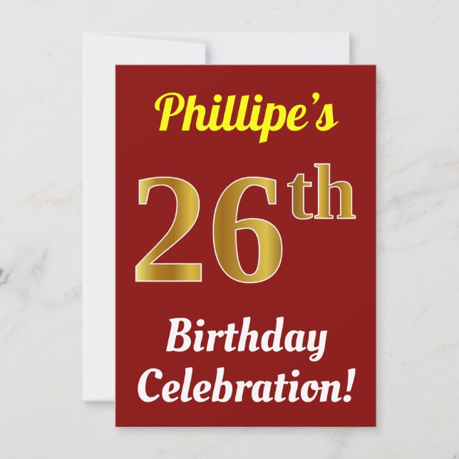 Red, Faux Gold 26th Birthday Celebration + Name Invitation (Front)