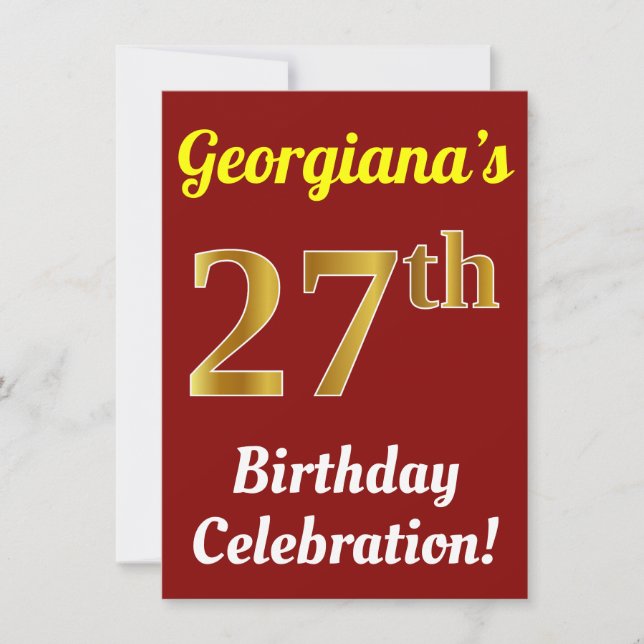 Red, Faux Gold 27th Birthday Celebration + Name Invitation (Front)