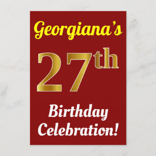Red, Faux Gold 27th Birthday Celebration + Name Invitation