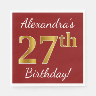 Red, Faux Gold 27th Birthday + Custom Name Napkin