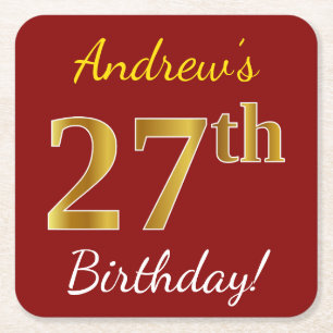 Red, Faux Gold 27th Birthday + Custom Name Square Paper Coaster