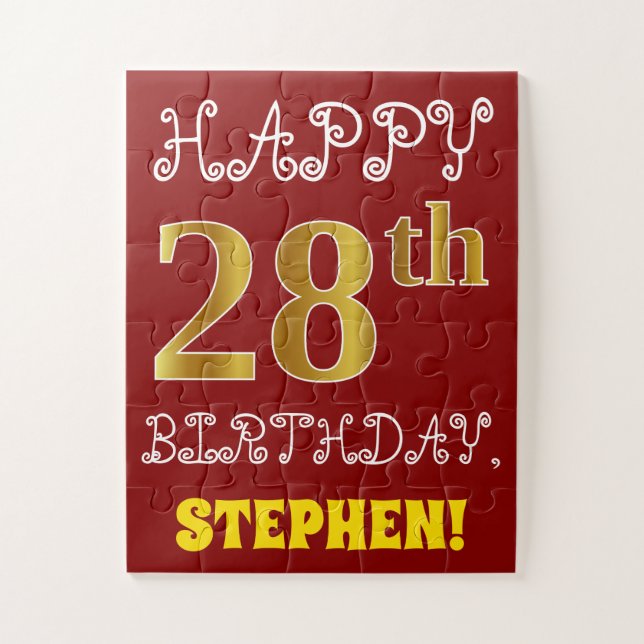 Red, Faux Gold 28th Birthday + Custom Name Puzzle (Vertical)