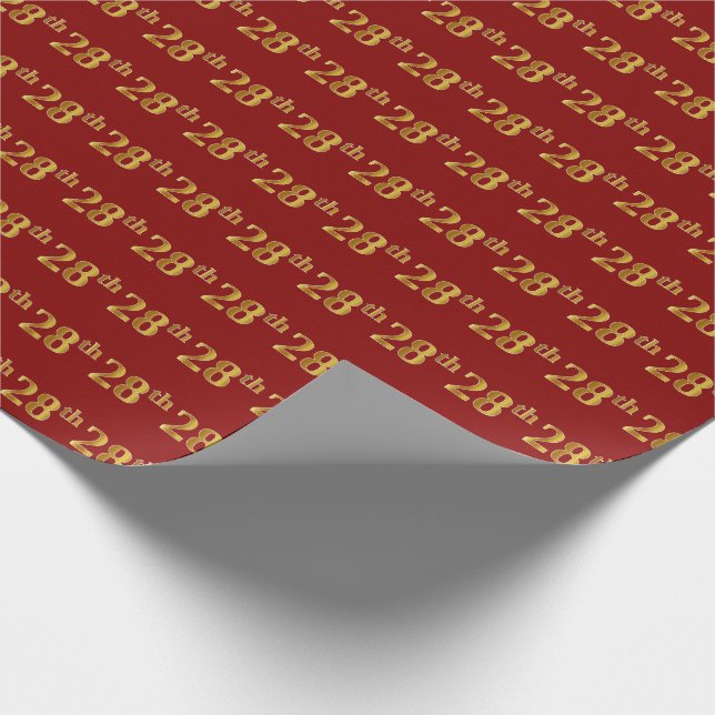 Red, Faux Gold 28th (Twenty-Eighth) Event Wrapping Paper (Corner)