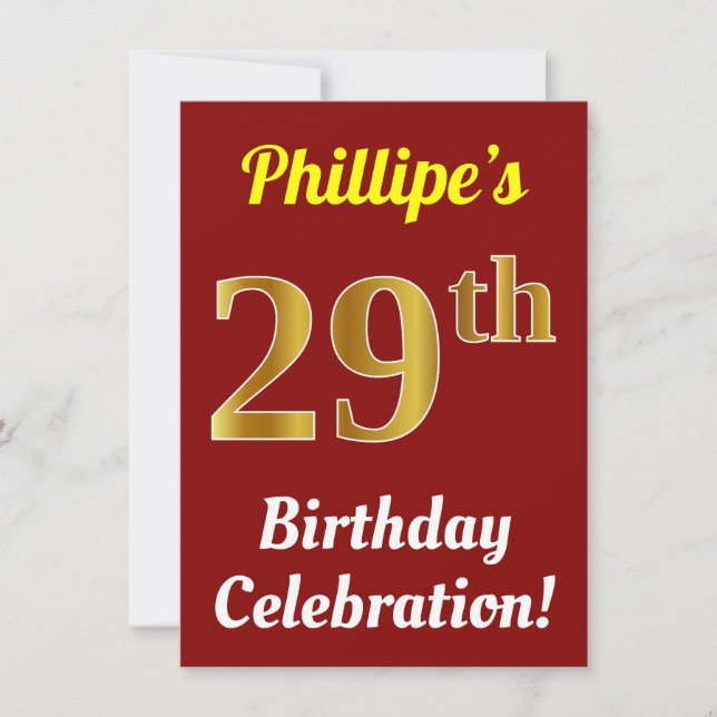 Red, Faux Gold 29th Birthday Celebration + Name Invitation (Front)