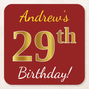 Red, Faux Gold 29th Birthday + Custom Name Square Paper Coaster