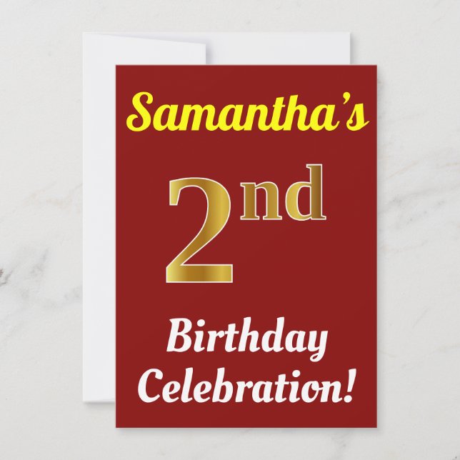 Red, Faux Gold 2nd Birthday Celebration + Name Invitation (Front)