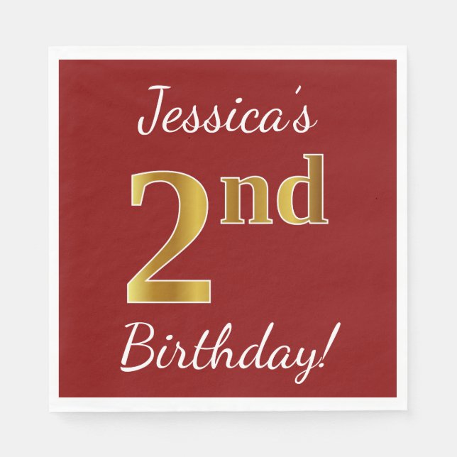 Red, Faux Gold 2nd Birthday + Custom Name Napkin (Front)