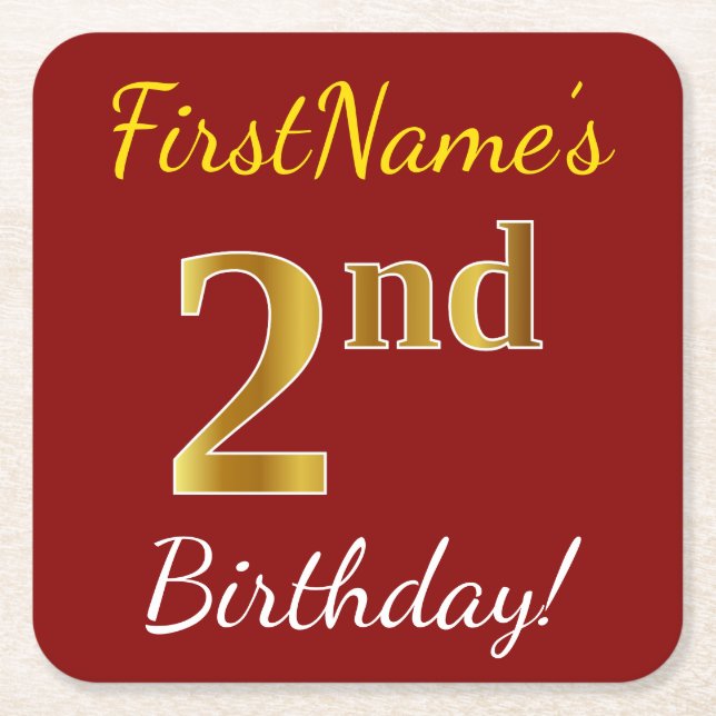 Red, Faux Gold 2nd Birthday + Custom Name Square Paper Coaster (Front)