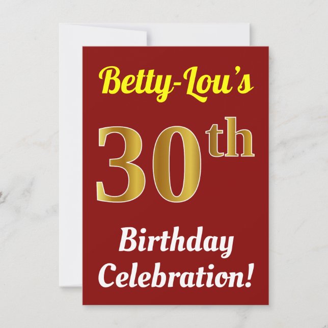 Red, Faux Gold 30th Birthday Celebration + Name Invitation (Front)
