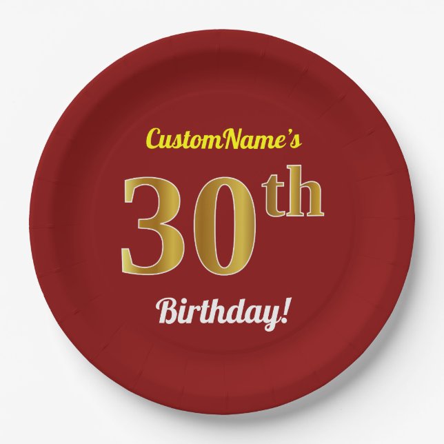 Red, Faux Gold 30th Birthday + Custom Name Paper Plate (Front)