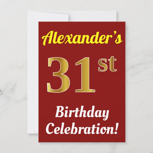 Red, Faux Gold 31st Birthday Celebration + Name Invitation (Front)