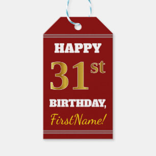 Red, Faux Gold 31st Birthday + Custom Name Gift Tags