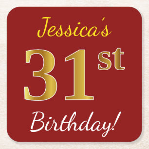 Red, Faux Gold 31st Birthday + Custom Name Square Paper Coaster