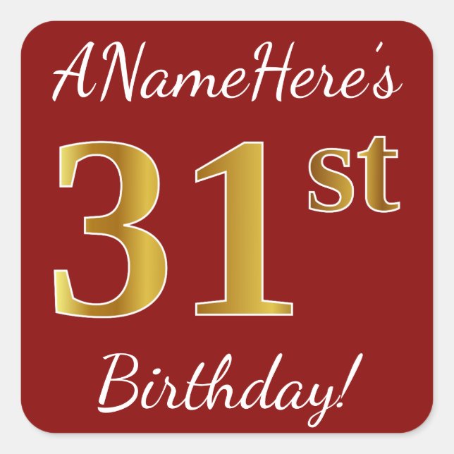 Red, Faux Gold 31st Birthday + Custom Name Sticker (Front)