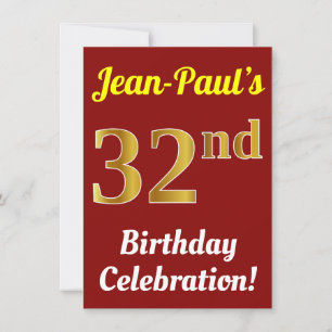 Red, Faux Gold 32nd Birthday Celebration + Name Invitation