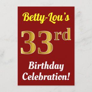 Red, Faux Gold 33rd Birthday Celebration + Name Invitation