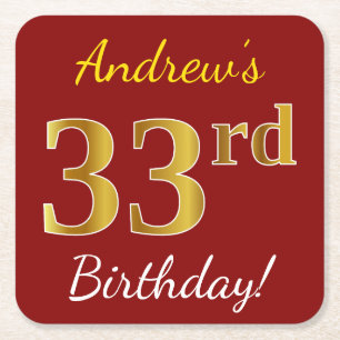 Red, Faux Gold 33rd Birthday + Custom Name Square Paper Coaster