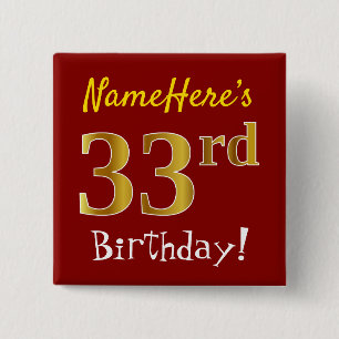 Red, Faux Gold 33rd Birthday, With Custom Name 15 Cm Square Badge