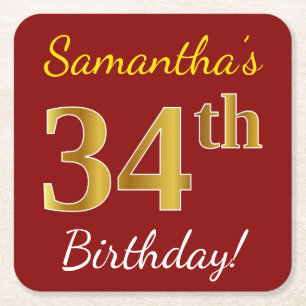 Red, Faux Gold 34th Birthday + Custom Name Square Paper Coaster