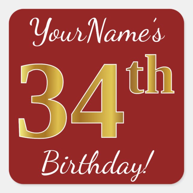 Red, Faux Gold 34th Birthday + Custom Name Sticker (Front)