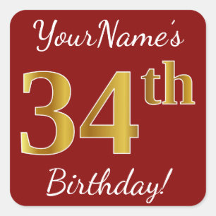 Red, Faux Gold 34th Birthday + Custom Name Sticker