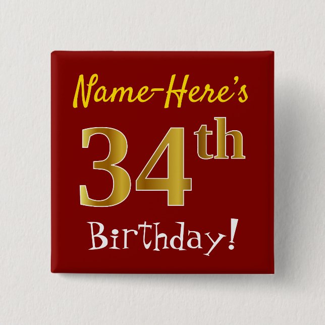 Red, Faux Gold 34th Birthday, With Custom Name 15 Cm Square Badge (Front)