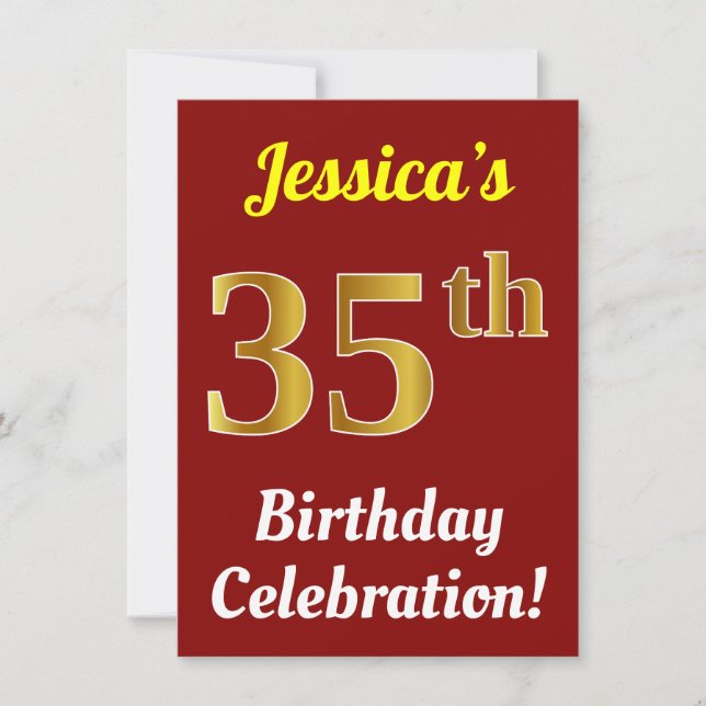 Red, Faux Gold 35th Birthday Celebration + Name Invitation (Front)