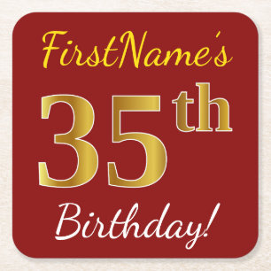 Red, Faux Gold 35th Birthday + Custom Name Square Paper Coaster