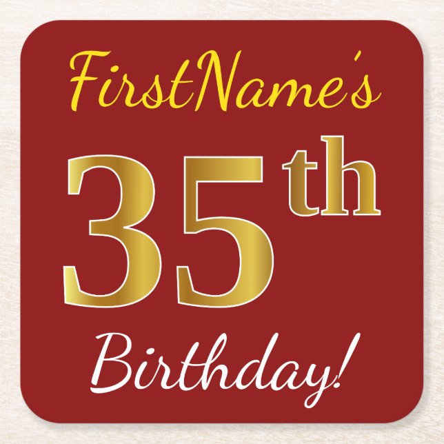 Red, Faux Gold 35th Birthday + Custom Name Square Paper Coaster (Front)