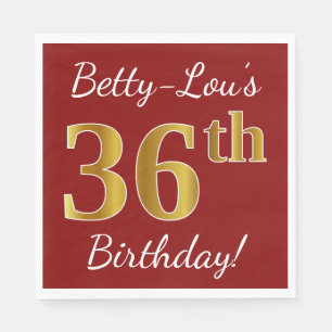 Red, Faux Gold 36th Birthday + Custom Name Napkin