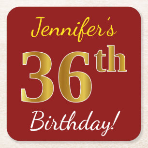 Red, Faux Gold 36th Birthday + Custom Name Square Paper Coaster