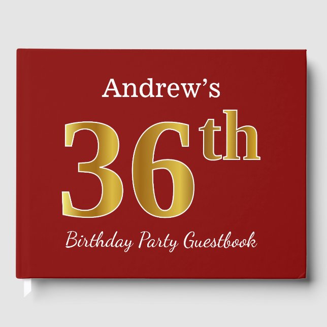Red, Faux Gold 36th Birthday Party + Custom Name Guest Book (Front)