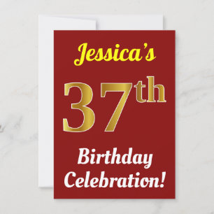 Red, Faux Gold 37th Birthday Celebration + Name Invitation