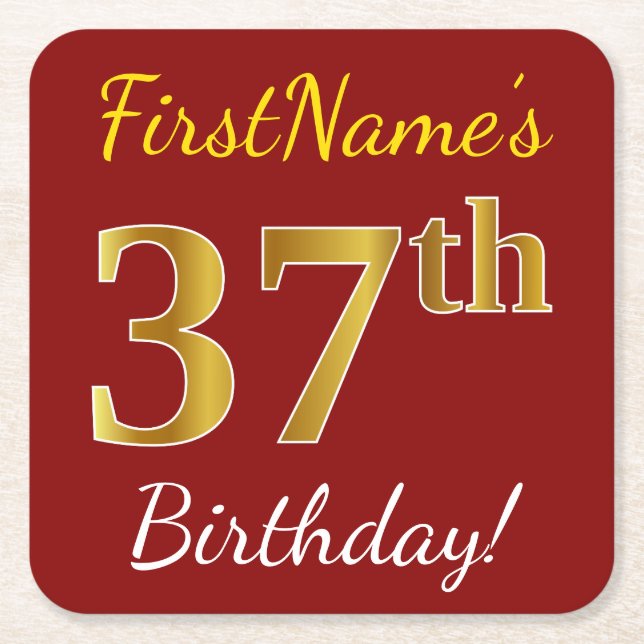 Red, Faux Gold 37th Birthday + Custom Name Square Paper Coaster (Front)