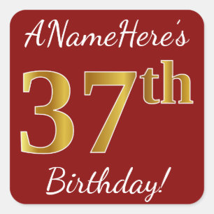 Red, Faux Gold 37th Birthday + Custom Name Sticker