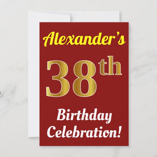 Red, Faux Gold 38th Birthday Celebration + Name Invitation (Front)