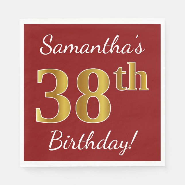 Red, Faux Gold 38th Birthday + Custom Name Napkin (Front)