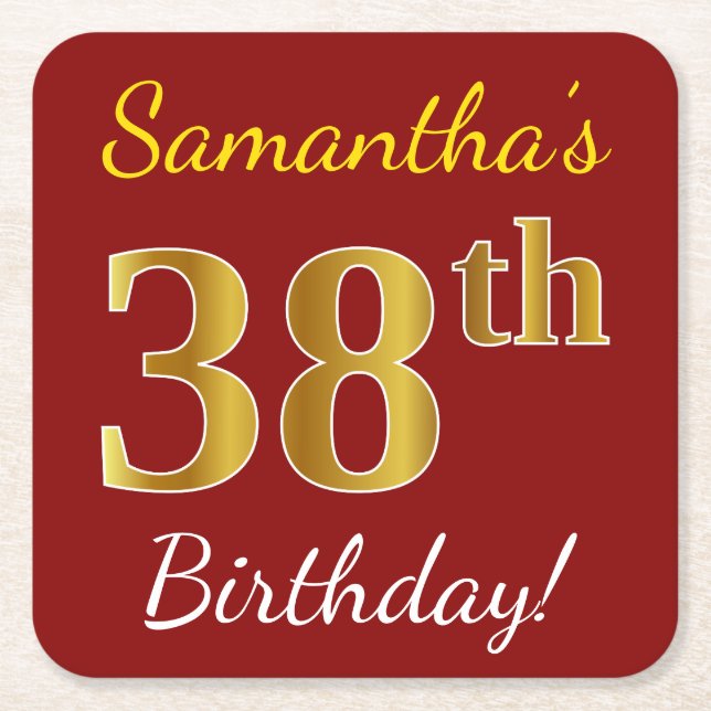Red, Faux Gold 38th Birthday + Custom Name Square Paper Coaster (Front)