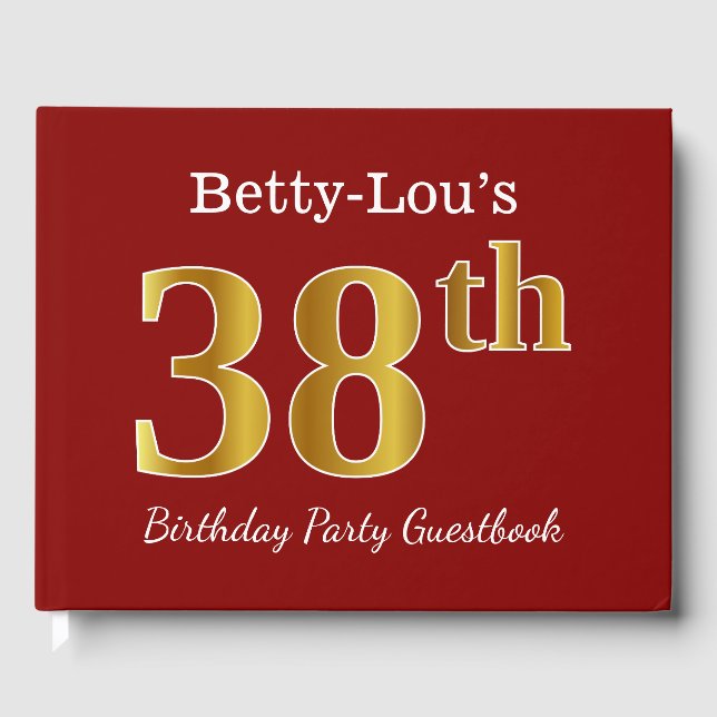 Red, Faux Gold 38th Birthday Party + Custom Name Guest Book (Front)